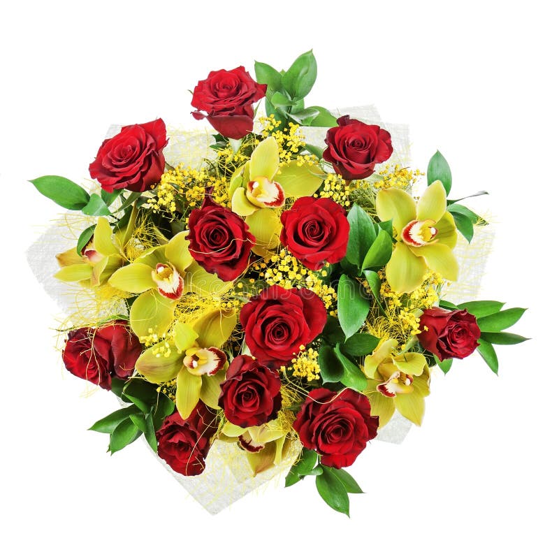 Bouquet of roses and orchids isolated on white background.