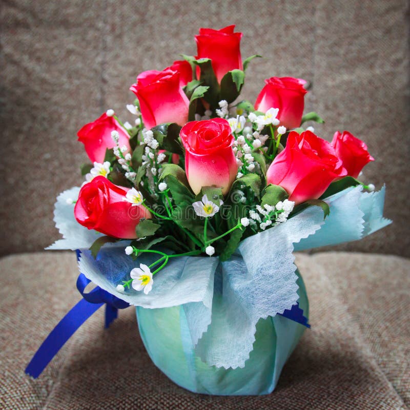 Bouquet with Roses and Other Flowers on the Table Stock Photo Image