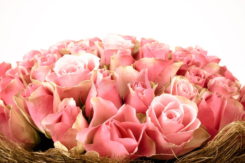 Bouquet of roses wrapped in decorative straw. background royalty free stock image