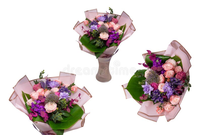 Bouquet of Soft Pink Flowers in Pink Wrapping Paper Stock Photo