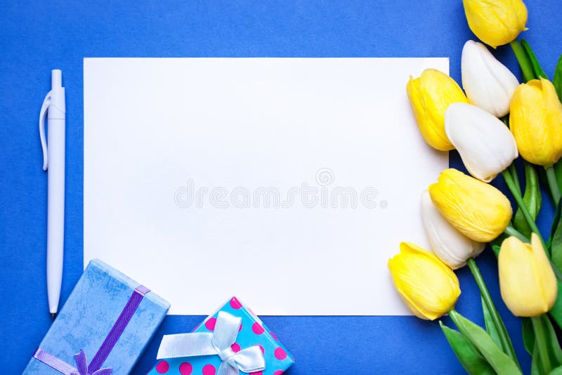 Bouquet of spring tulips on a bright background. Greeting card. Space for text. royalty free stock image