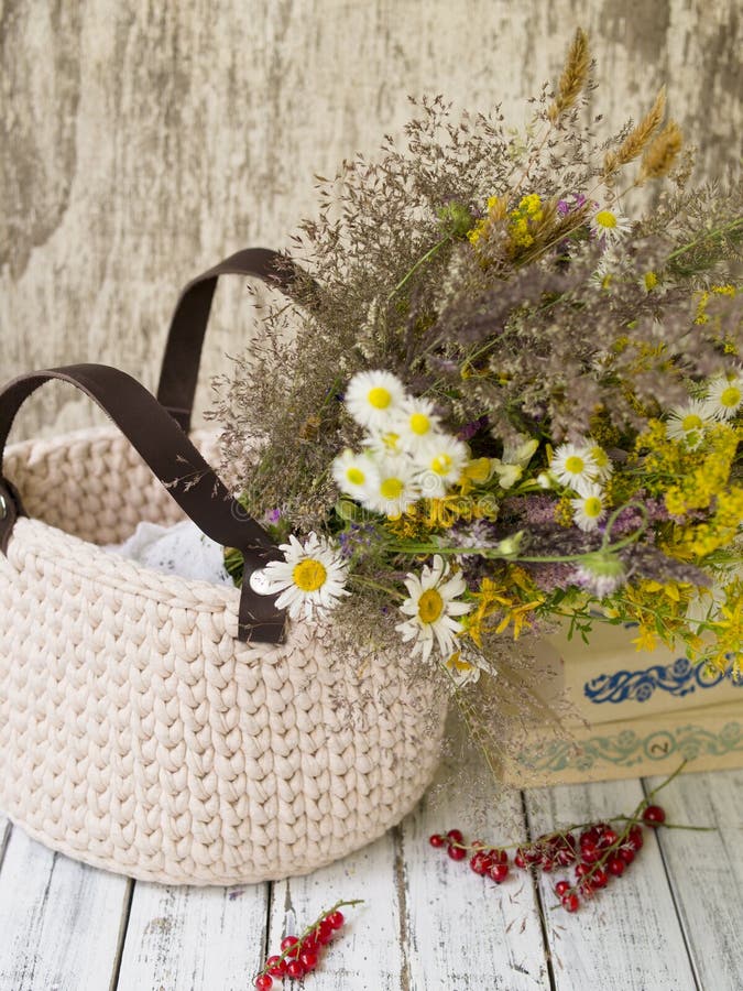 A Bouquet of Summer Wildflowers in a Wicker Basket Stock Image - Image ...