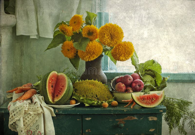 Bouquet of sunflowers and fruit