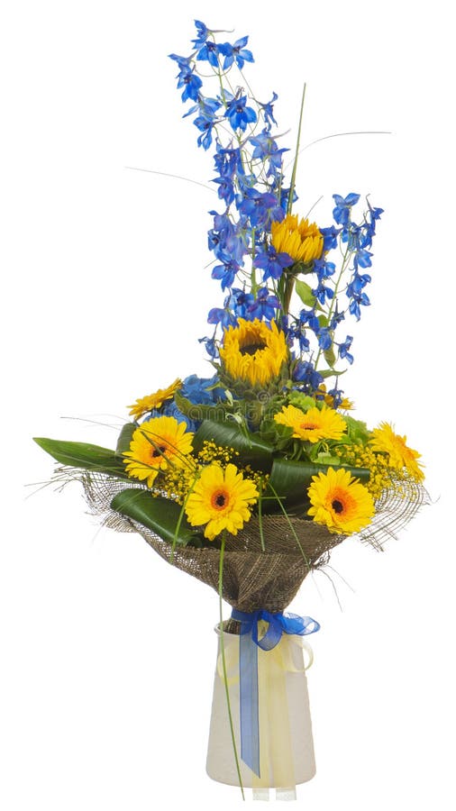 Bouquet of sunflowers and gerbera flowers in vase isolated on white background.