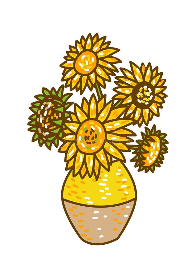 Sunflowers Van Gogh Imitation Like Child S Drawing in Cartoon Style.  Impressionism Painting Art Stock Vector - Illustration of bouquet, color:  177657026