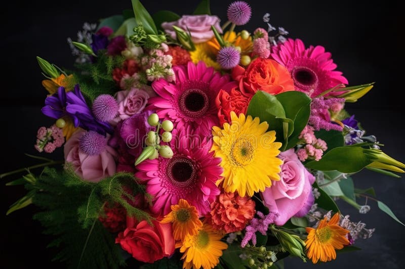 Bouquet vibratorio di diversi fiori. Bouquet vivace e colorato di vari fiori creato con tecnologia generativa ai