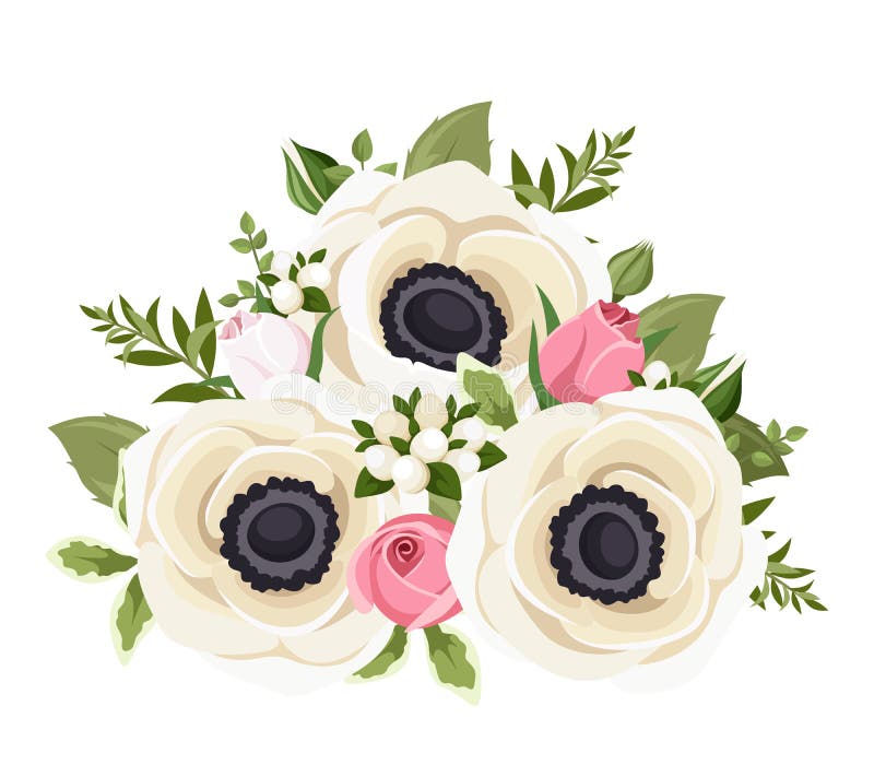 Bouquet of white anemone flowers and pink rosebuds. Vector illustration.