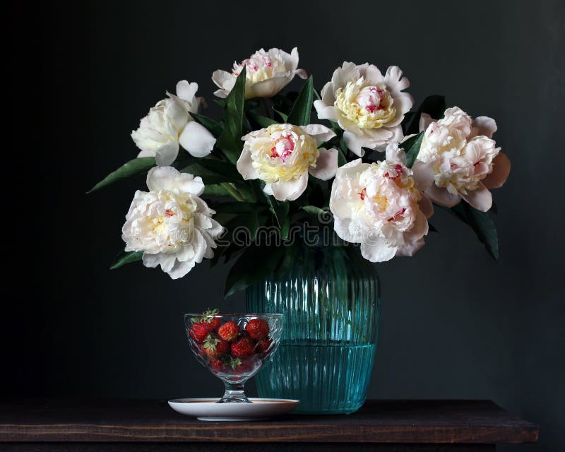 Bouquet of White Peonies in Vase and Strawberries. Stock Image - Image ...