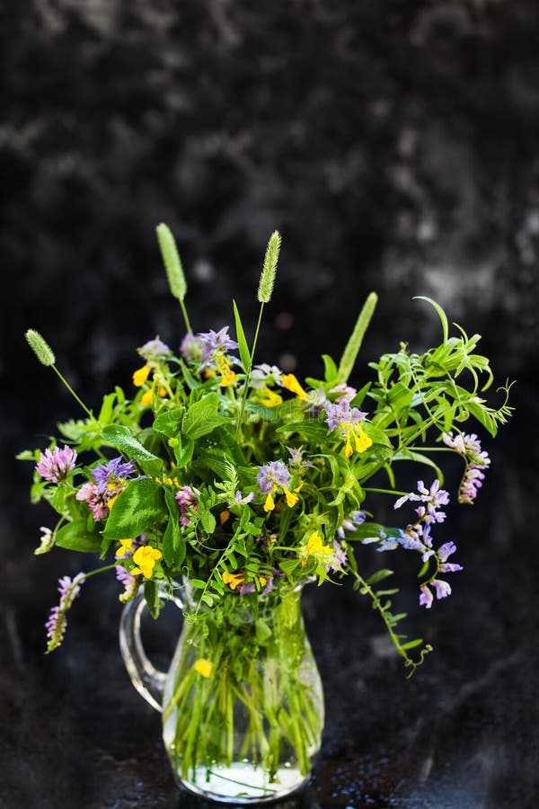 Bouquet of Wildflowers in Glass Jar on Dark Stock Image Image of