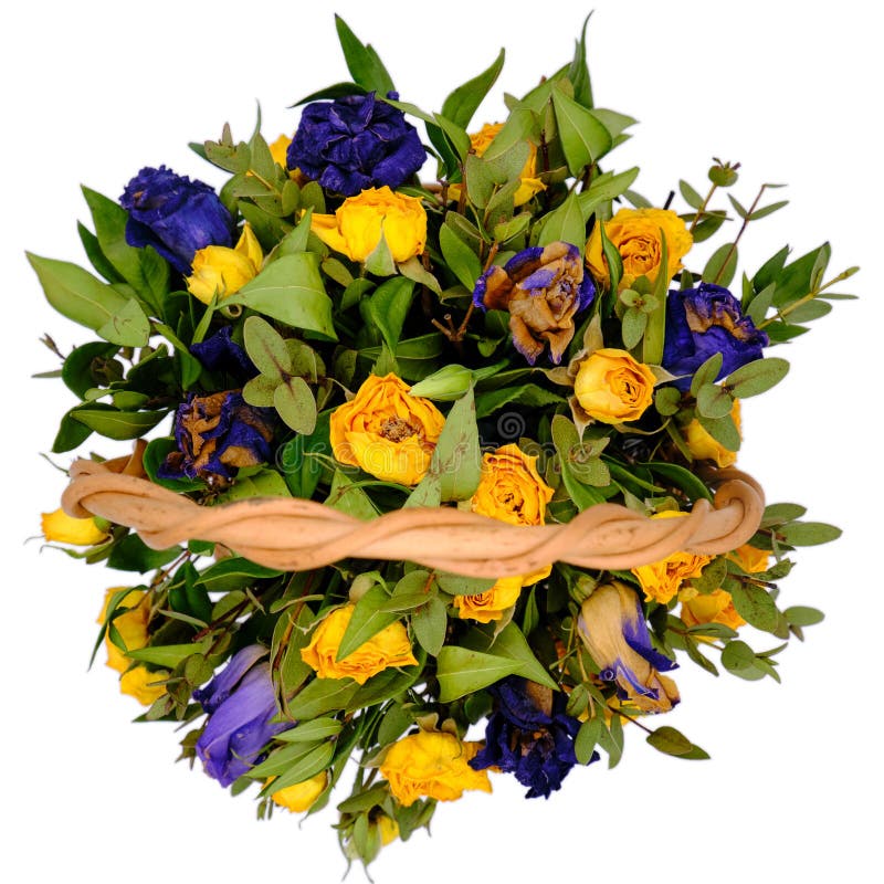 Beautiful bouquet of yellow and blue dried flowers. Roses in a wicker  basket on a black background. Composition of withered flowers. Purple and  yellow Stock Photo - Alamy