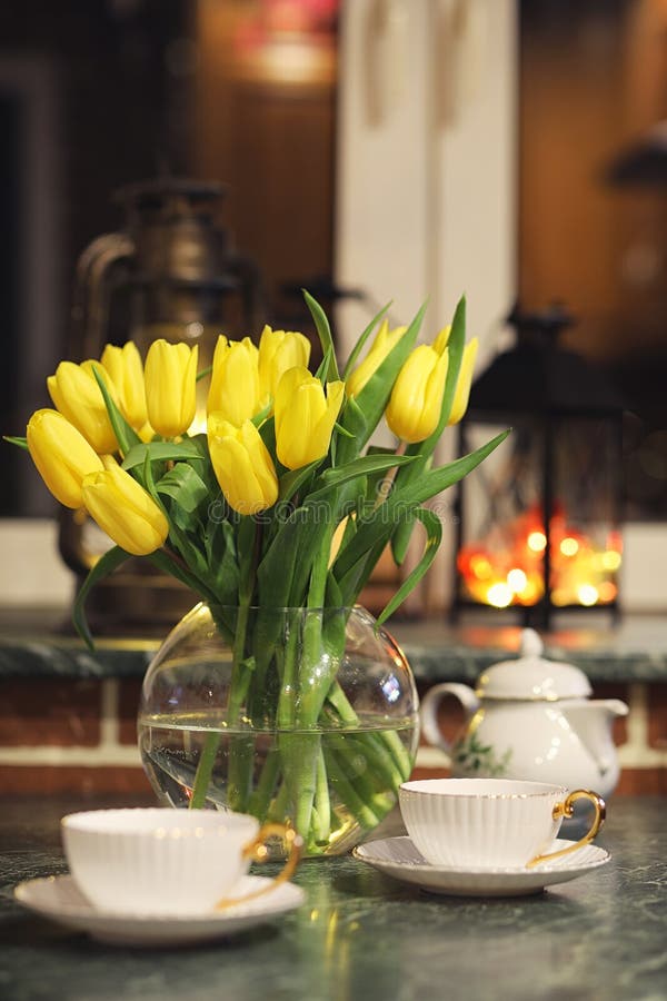 A Bouquet of Yellow Tulips in a Vase in the Interior of a Retro Stock ...