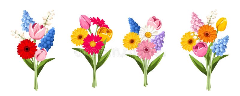 Bouquets of Colorful Spring Flowers. Set of Vector Illustrations Stock ...