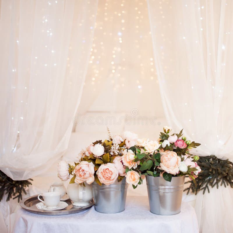 Bouquets of Flowers in the Bedroom, Interior Decor Stock Photo Image