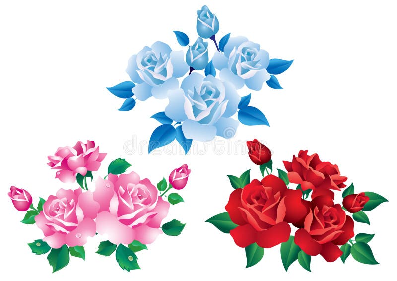 Bouquets with red, pink and blue roses.