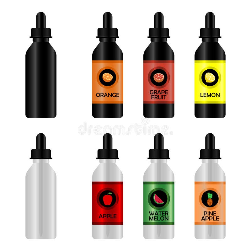 Bouteille avec l'E-liquide pour Vape Ensemble de maquette réaliste de bouteilles avec des goûts pour une cigarette électronique a illustration de vecteur Bouteille avec l'E-liquide pour Vape Ensemble de maquette réaliste de bouteilles avec des goûts pour une cigarette électronique a illustration de vecteur