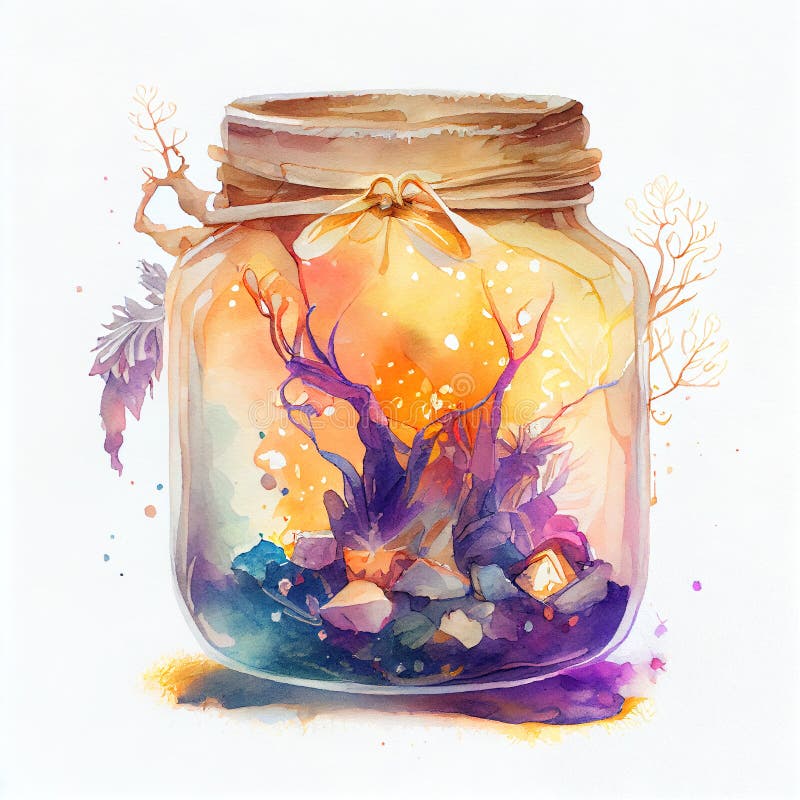 Bouteille d'aquarelle d'aquarelle d'aération générative avec une forêt magique à l'intérieur illustration de vecteur