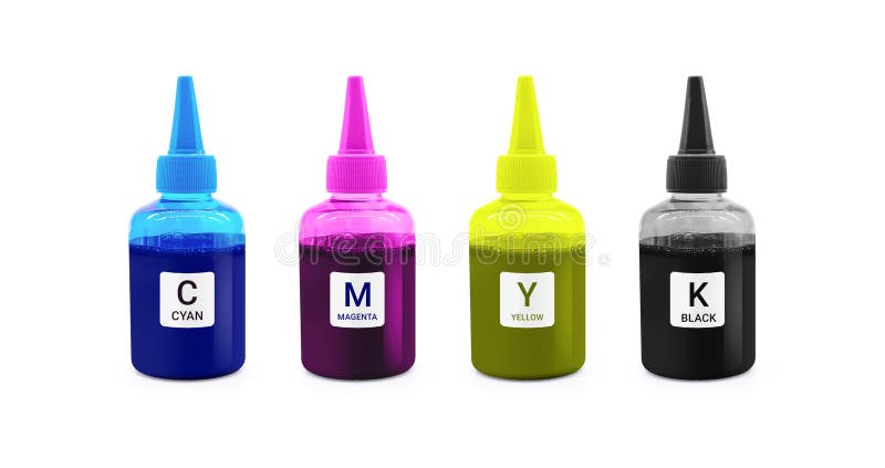 Bouteille d'encre de CMYK pour la machine d'imprimante sur le fond d'isolement avec le chemin de coupure photographie stock Bouteille d'encre de CMYK pour la machine d'imprimante sur le fond d'isolement avec le chemin de coupure photographie stock