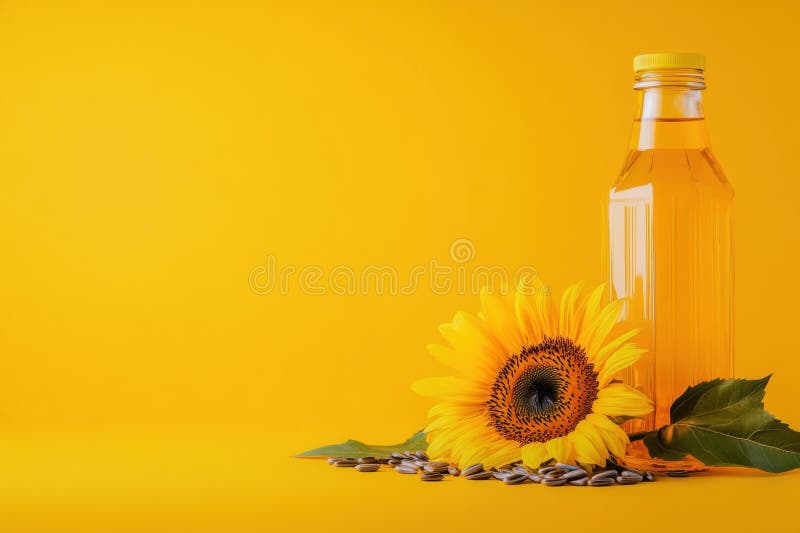 Bouteille d'huile de tournesol vibrante avec tournesol et graines sur fond jaune ensoleillé photo stock