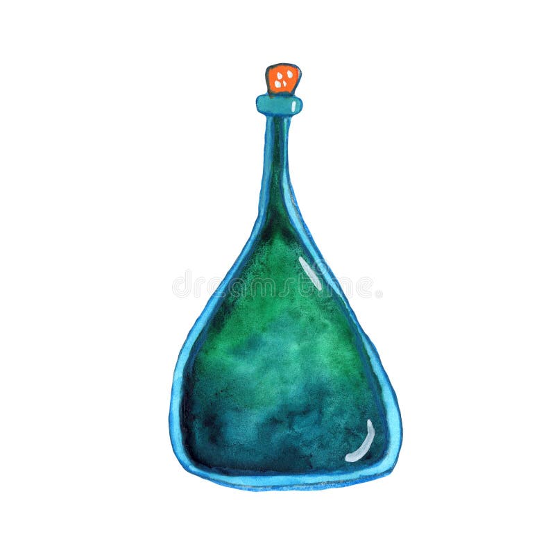 Blue and green isolated magic potion bottle. Hand drawn watercolor alchemy. Occultism and witchcraft drink. Fairy tale elixir chemistry. Aura testing. Blue and green isolated magic potion bottle. Hand drawn watercolor alchemy. Occultism and witchcraft drink. Fairy tale elixir chemistry. Aura testing
