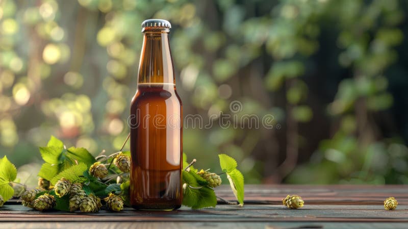Bouteille de bière avec du houblon sur table en bois fond de bokee extérieur. concept de boisson rafraîchissante et de brassage photographie stock libre de droits
