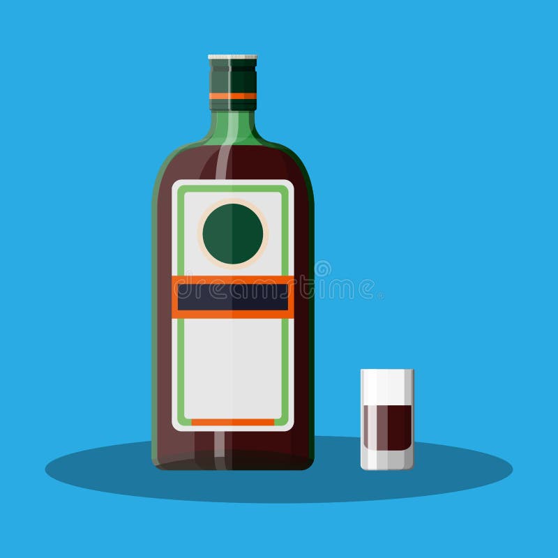 Bottle of grass liquor with shot glass. Grass liquor alcohol drink. Vector illustration in flat style. Bottle of grass liquor with shot glass. Grass liquor alcohol drink. Vector illustration in flat style