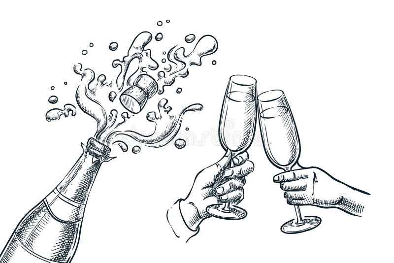 Bouteille de champagne d'explosion et deux mains avec des verres à boire Illustration de vecteur de croquis Nouvelle année, Noël illustration stock Bouteille de champagne d'explosion et deux mains avec des verres à boire Illustration de vecteur de croquis Nouvelle année, Noël illustration stock
