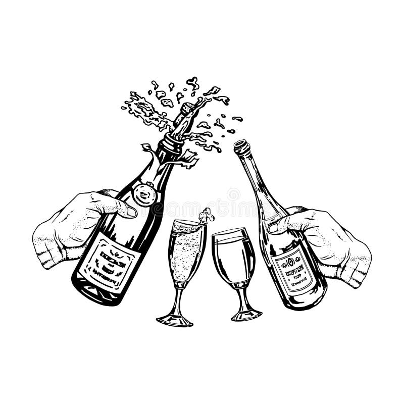 Bouteille de champagne et bouteille de vin à disposition et de verres illustration de vecteur Bouteille de champagne et bouteille de vin à disposition et de verres illustration de vecteur