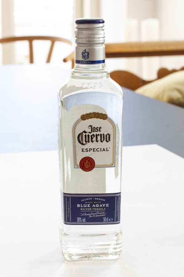 Bouteille de tequila mexicaine sur une table dans l'environnement familial images stock Bouteille de tequila mexicaine sur une table dans l'environnement familial images stock