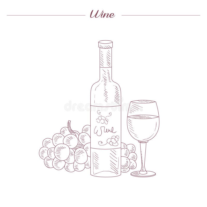 Bouteille de vin et croquis réaliste tiré par la main en verre illustration stock Bouteille de vin et croquis réaliste tiré par la main en verre illustration stock