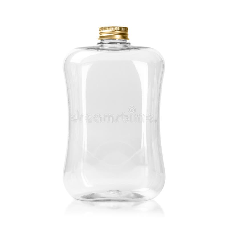 Bouteille en plastique vide avec le chapeau d'or d'isolement sur le fond blanc Paquet clair de pot ou de maçon Chemin de coupure images libres de droits Bouteille en plastique vide avec le chapeau d'or d'isolement sur le fond blanc Paquet clair de pot ou de maçon Chemin de coupure images libres de droits