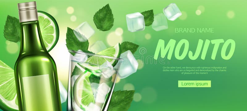 Mojito bottle and glass mock up banner, liquor with lime slices, ice cubes and mint leaves, alcohol drink blank flask on green blurred background, promo ad design. Realistic 3d vector illustration. Mojito bottle and glass mock up banner, liquor with lime slices, ice cubes and mint leaves, alcohol drink blank flask on green blurred background, promo ad design. Realistic 3d vector illustration