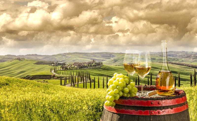 BOUTEILLE ET VERRE DE VIN SUR LE BARIL EN BOIS PAYSAGE DE BEAUTYFUL TOSCANE photos libres de droits BOUTEILLE ET VERRE DE VIN SUR LE BARIL EN BOIS PAYSAGE DE BEAUTYFUL TOSCANE photos libres de droits