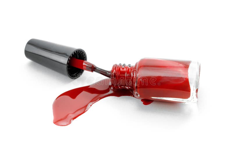 Bouteille rouge renversée de vernis à ongles d'isolement photos libres de droits Bouteille rouge renversée de vernis à ongles d'isolement photos libres de droits