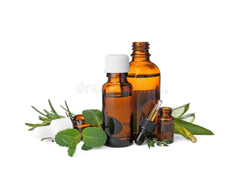 Bouteilles avec les huiles essentielles et les herbes fraîches image libre de droits Bouteilles avec les huiles essentielles et les herbes fraîches image libre de droits