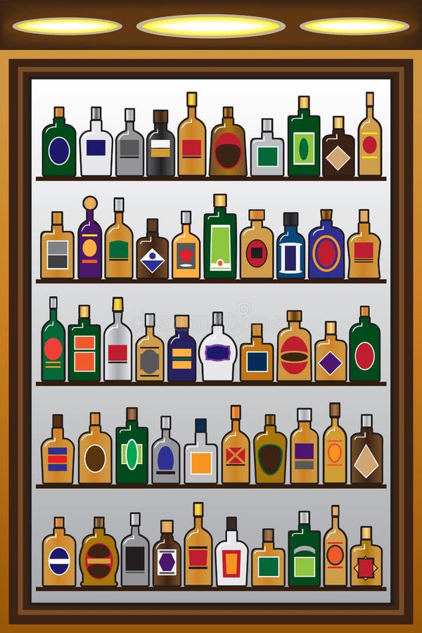 Five rows of liquor bottles in a drinking establishment. Five rows of liquor bottles in a drinking establishment