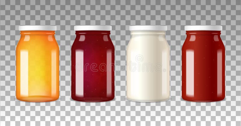Colorful wide neck glass bottles with white caps on transparent background realistic vector illustration. Colorful wide neck glass bottles with white caps on transparent background realistic vector illustration