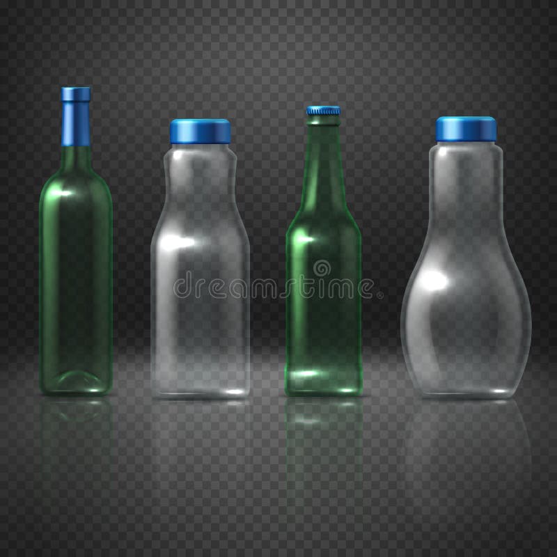 Bouteilles en verre vides de vecteur pour les boissons alcooliques et sans alcool, bière, vin, vodka, jus illustration stock Bouteilles en verre vides de vecteur pour les boissons alcooliques et sans alcool, bière, vin, vodka, jus illustration stock