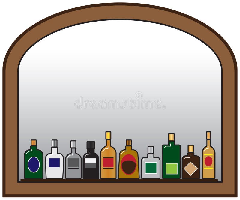 A row of liquor bottles on a shelf in front of a mirror with room for copy. A row of liquor bottles on a shelf in front of a mirror with room for copy