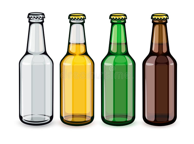 Beer bottles set of empty and full filled with crafting brewery beer drink glass tare closed with caps, isolated white background. EPS10 vector illustration. Beer bottles set of empty and full filled with crafting brewery beer drink glass tare closed with caps, isolated white background. EPS10 vector illustration.