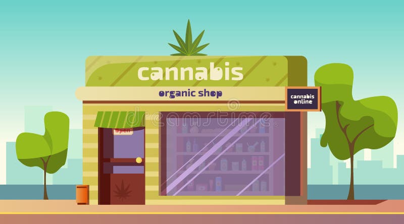 Boutique de cannabis, produits de marijuana dans une boutique de produits biologiques illustration de vecteur Boutique de cannabis, produits de marijuana dans une boutique de produits biologiques illustration de vecteur
