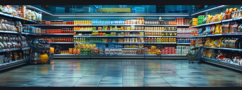 Boutique de supermarché entièrement approvisionnée avec divers produits emballés images stock
