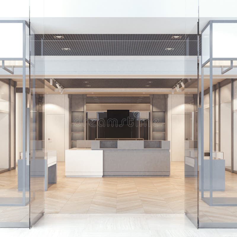 Boutique moderne avec les portes en verre rendu 3d illustration de vecteur Boutique moderne avec les portes en verre rendu 3d illustration de vecteur