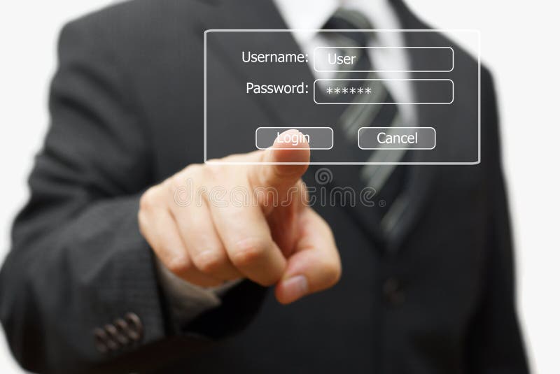 Bouton d'authentification de pressing d'homme d'affaires sur l'affichage de login image libre de droits Bouton d'authentification de pressing d'homme d'affaires sur l'affichage de login image libre de droits