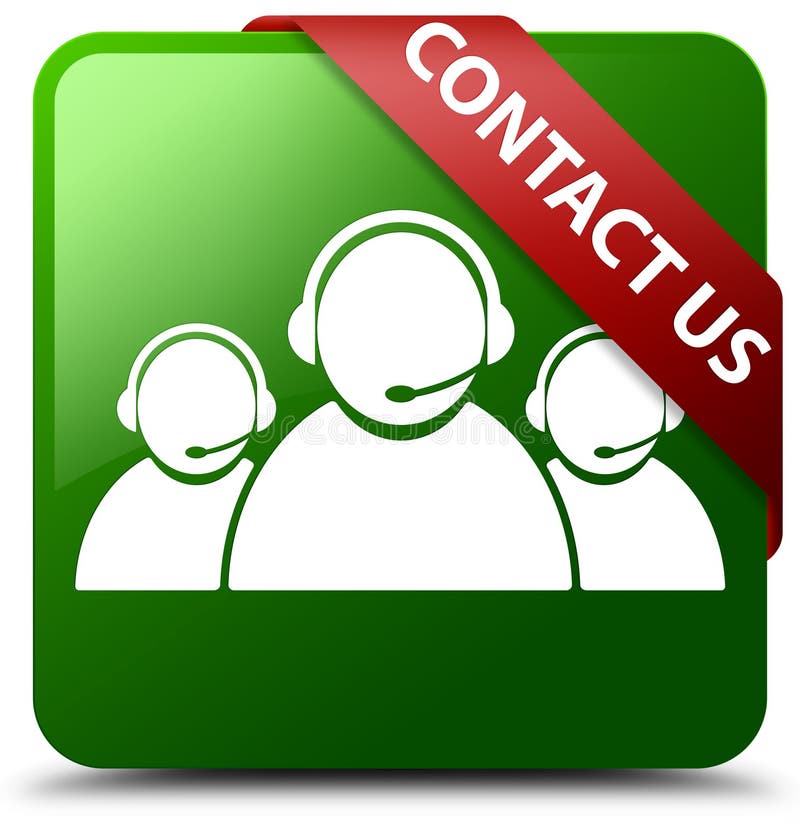 Contact us customer care team icon green square button reflecting shadow with red ribbon in corner. Contact us customer care team icon green square button reflecting shadow with red ribbon in corner