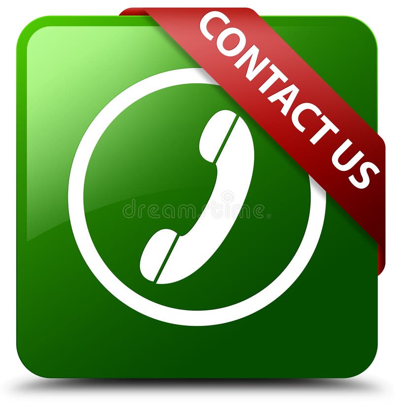 Contact us phone icon round border green square button reflecting shadow with red ribbon in corner. Contact us phone icon round border green square button reflecting shadow with red ribbon in corner