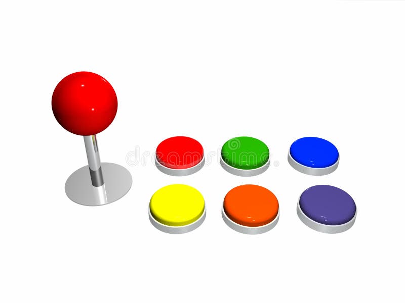 An old fashioned videogame joystick with six action buttons. An old fashioned videogame joystick with six action buttons