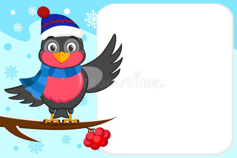 Bouvreuil d'oiseau dans un chapeau et une écharpe se reposant sur une branche et ondulant son aile Place pour le texte illustration libre de droits Bouvreuil d'oiseau dans un chapeau et une écharpe se reposant sur une branche et ondulant son aile Place pour le texte illustration libre de droits