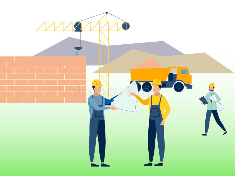 Bouw, werkomgeving Bouwers op het werk In de minimalistische vlakke rooster van het stijlbeeldverhaal stock illustratie Bouw, werkomgeving Bouwers op het werk In de minimalistische vlakke rooster van het stijlbeeldverhaal stock illustratie