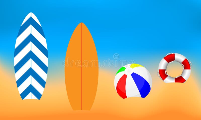 Bouée de sauvetage et ballon de plage de planche de surf sur le fond de la plage illustration de vecteur Bouée de sauvetage et ballon de plage de planche de surf sur le fond de la plage illustration de vecteur
