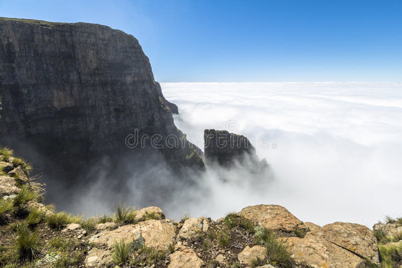 Boven de wolken op Schildwachtstijging, Drakensberge, Zuid-Afrika stock foto Boven de wolken op Schildwachtstijging, Drakensberge, Zuid-Afrika stock foto